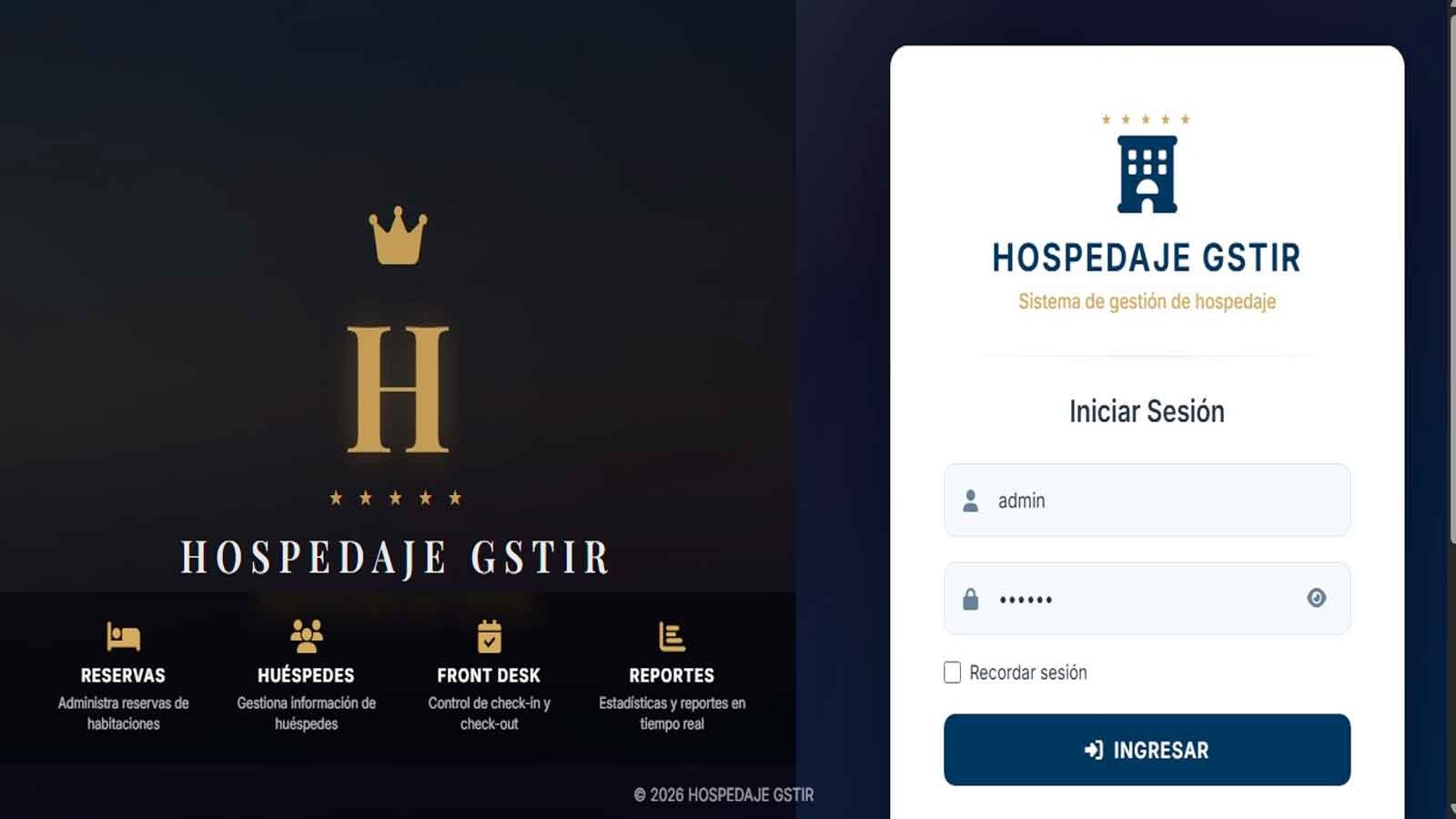 Hospedaje GSTIR – Sistema de Gestión Hotelera